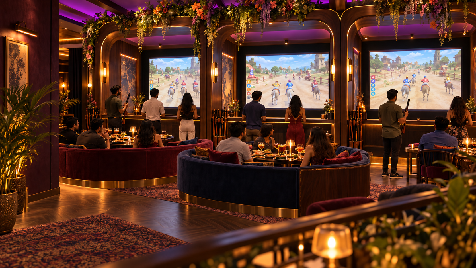 Friends enjoying premium social gaming bays with food, drinks and immersive screens